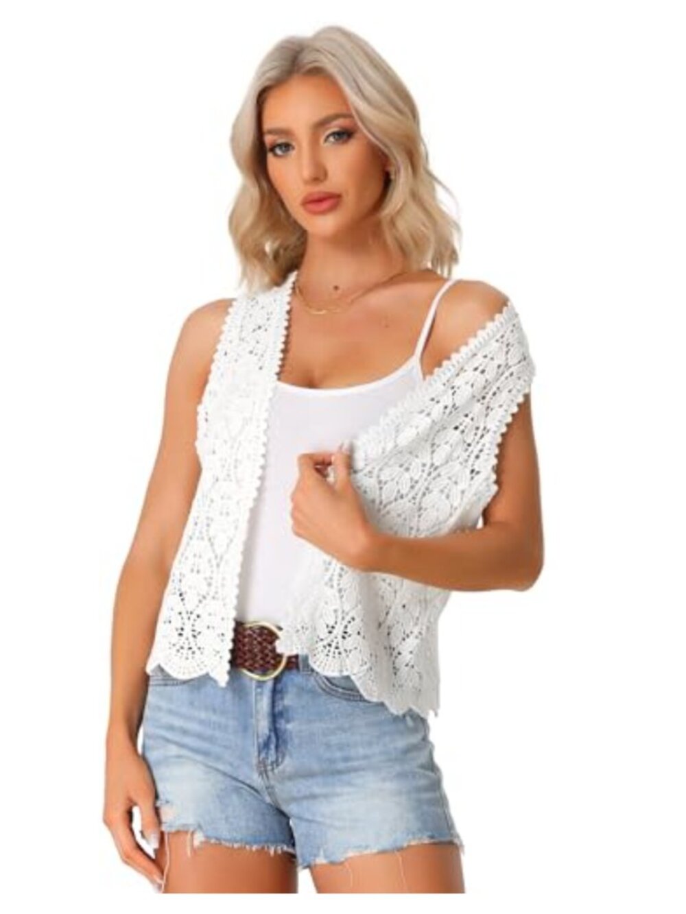 Floral Crochet Sleeveless Open Front Cardigan Boho Vest Beach Cover Up